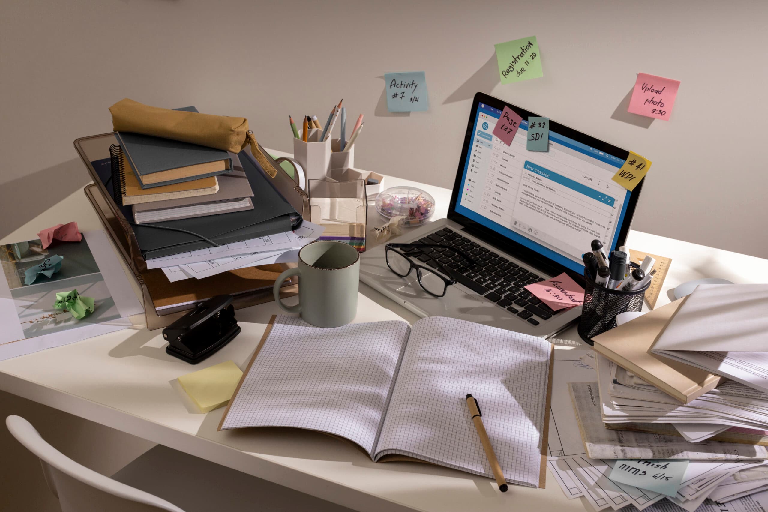 Bureau en désordre illustrant la surcharge administrative